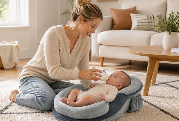 Baby feeding pillow lifestyle scene with parent and infant