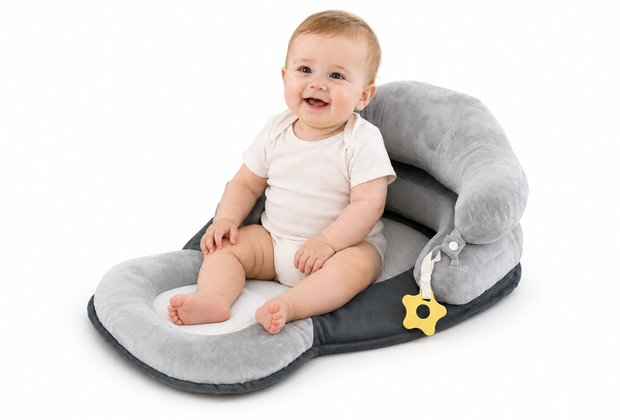 Baby seated on detachable feeding support pillow