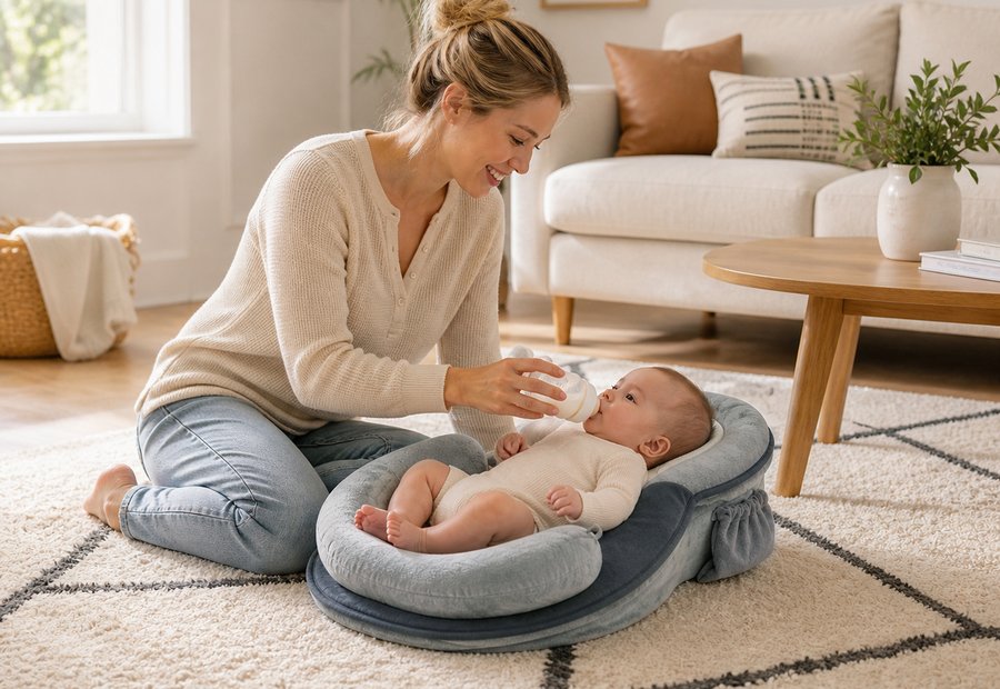 Baby feeding pillow lifestyle scene for OEM anti-overflow support programs