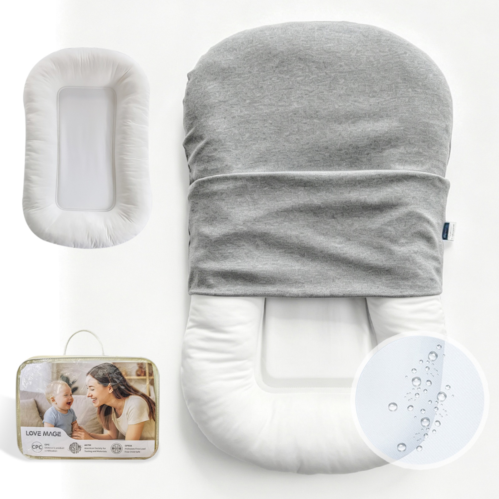Gray baby lounger bedside sleeper set with removable parts