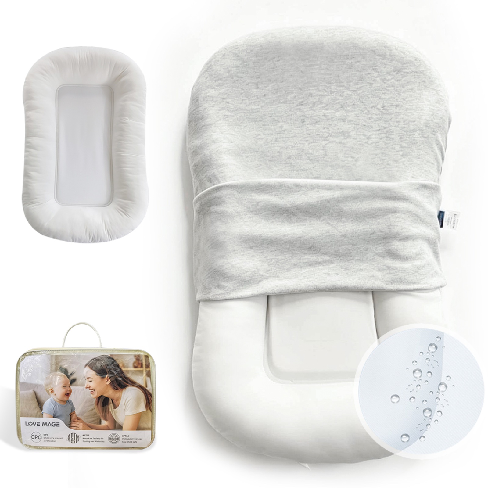 Baby lounger product set with removable cover and packaging reference
