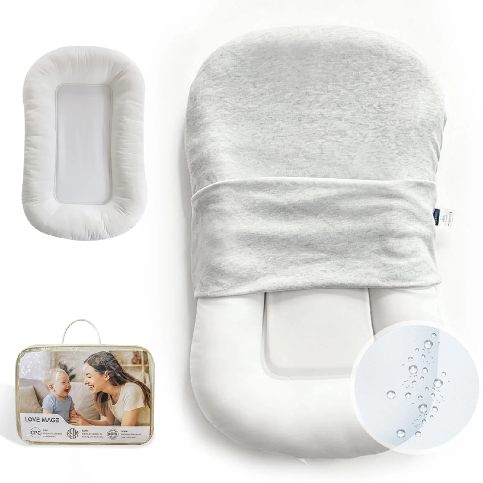 Baby lounger product set with removable cover and packaging reference