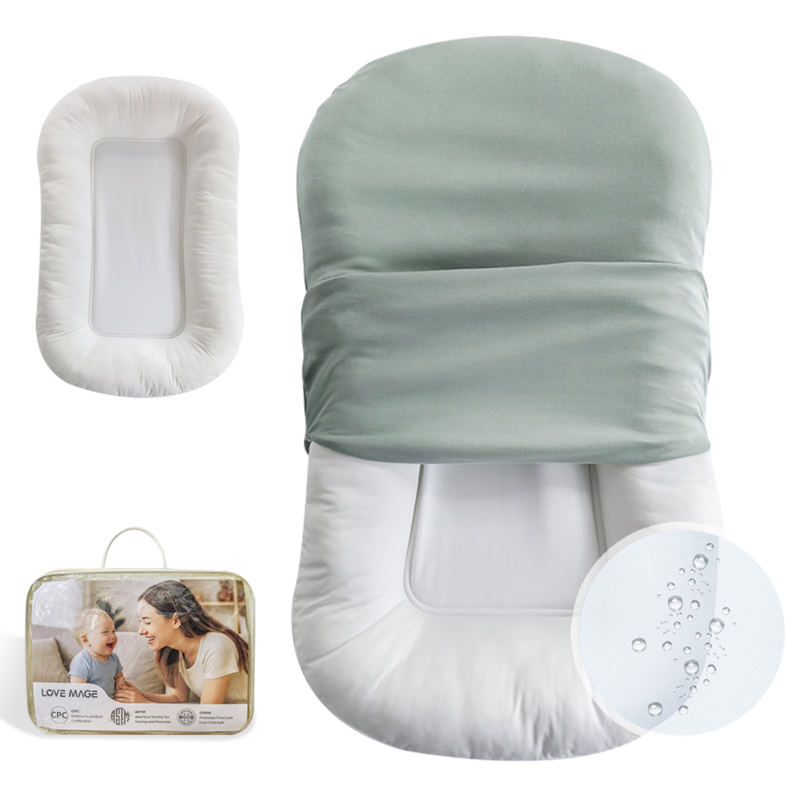 Green baby lounger bedside sleeper set with soft fabric cover