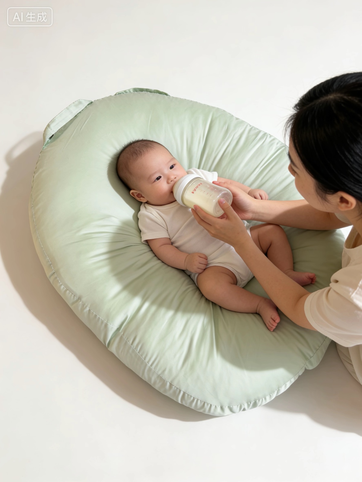 Nursing pillow use scene for baby feeding support