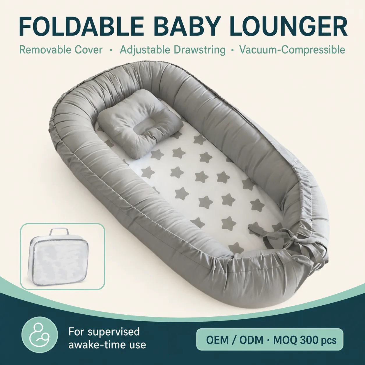 Foldable baby lounger with removable cover