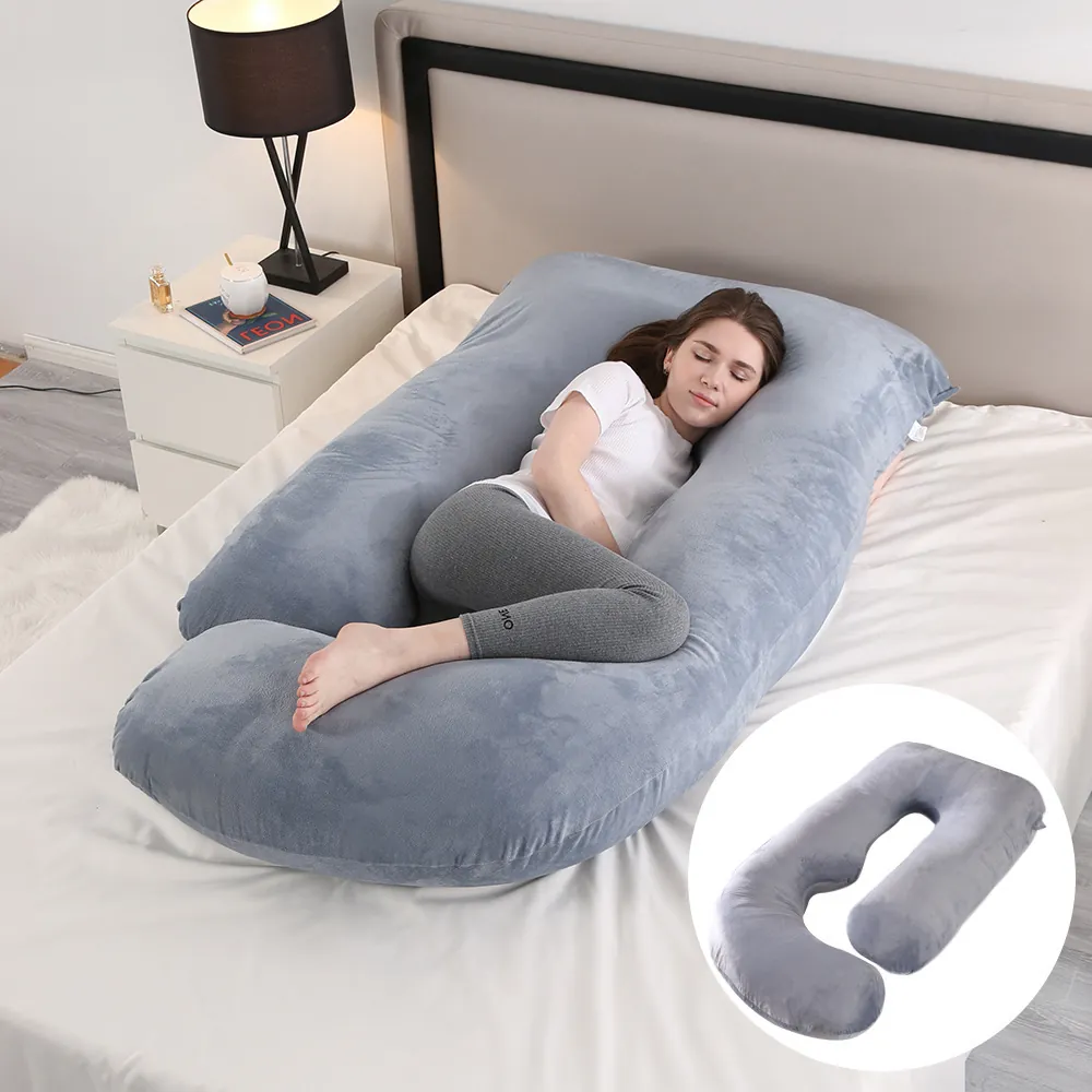 Grey crystal velvet J-shaped maternity pillow