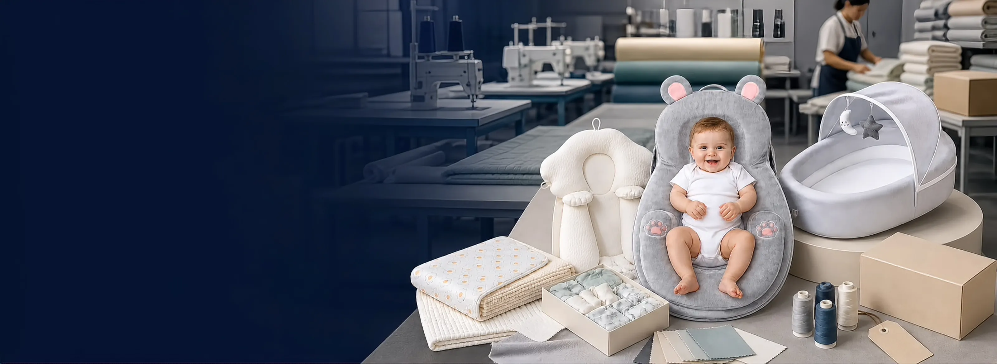 Baby textile OEM factory workshop with baby loungers, pillows and gift sets ready for private label production