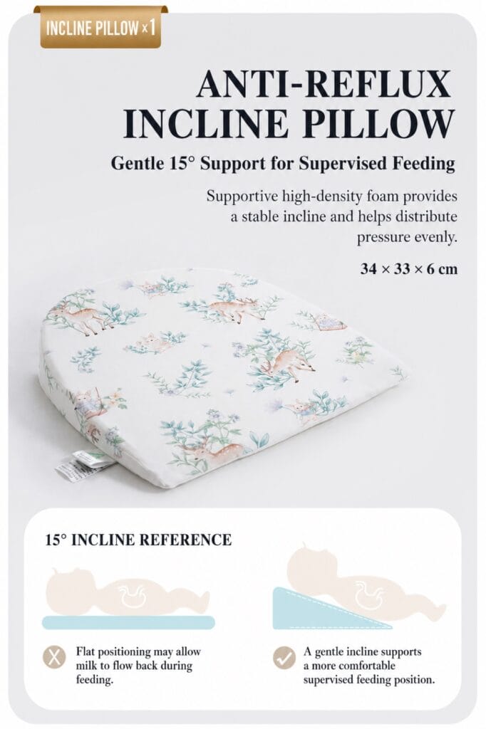Anti-reflux incline pillow feature and size for supervised feeding