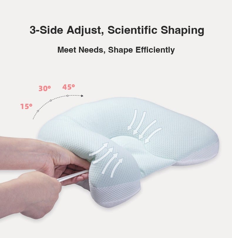 Hands adjusting 3-side pillow shapers at 15, 30, 45 degrees